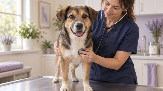 A veterinarian listens with a stethoscope to a calm mixed-breed dog standing on an exam table in a bright clinic.