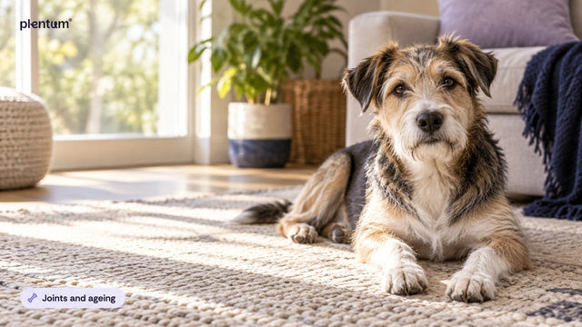 Scruffy terrier mix resting on a sunlit rug in a living room beside a window and plant