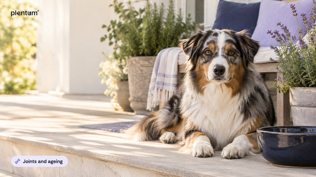 Australian shepherd lying on a sunny porch step beside potted lavender and a navy cushion