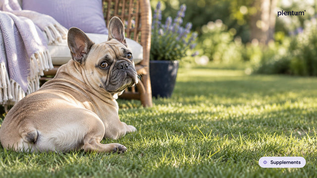 French bulldog lying on a sunlit garden lawn, looking back calmly beside a wicker chair and lavender