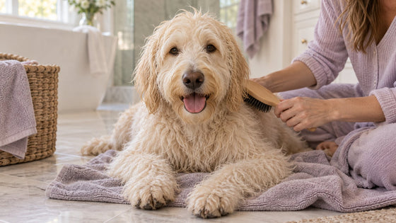 An owner gently brushes a cream goldendoodle lying on a towel on a bright bathroom floor after a bath.