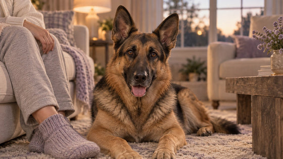 A German shepherd lies relaxed on a living room rug beside its owner's feet in soft evening window light.
