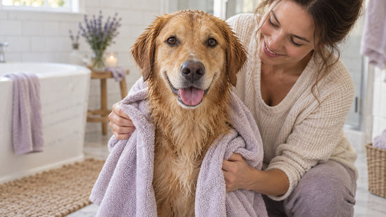 An owner wraps a damp golden-coated dog in a lavender towel after a bath in a bright white-tiled bathroom, and the dog looks happy.