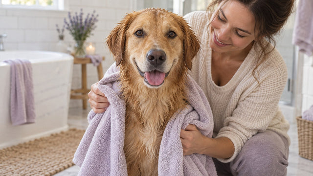 An owner wraps a damp golden-coated dog in a lavender towel after a bath in a bright white-tiled bathroom, and the dog looks happy.