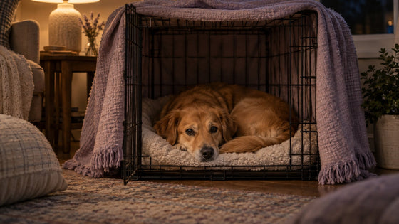 A golden-brown mixed-breed dog curls up inside an open wire crate draped with a lavender blanket in a dim, lamp-lit room at night.