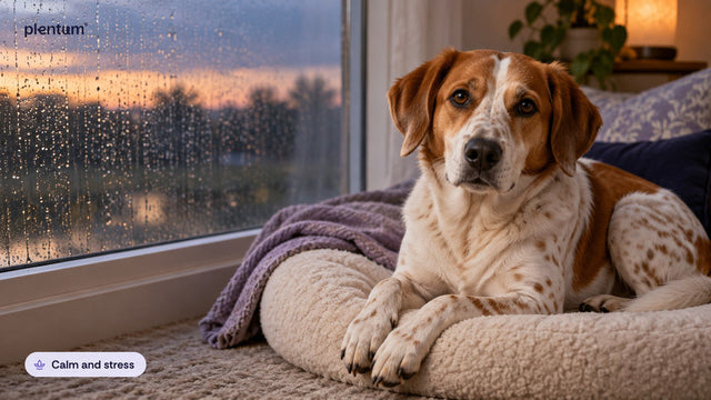 Spotted rust-and-white mixed-breed dog resting calmly on a cream dog bed by a rain-streaked window at dusk