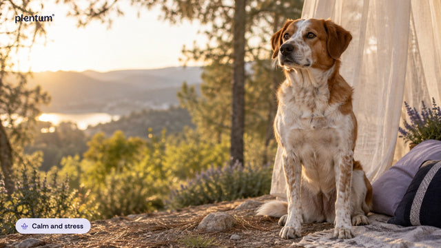 Spotted rust-and-white mixed-breed dog sitting on a woodland trail at golden hour, looking out over a lake