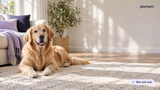 Golden retriever resting calmly on a sunlit living-room rug beside a sofa and a potted olive plant