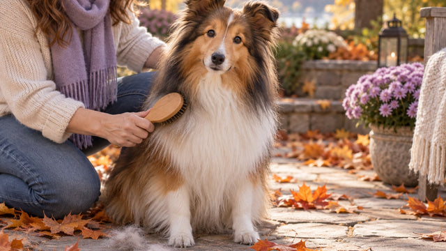An owner brushes the thick coat of a Shetland sheepdog on a backyard patio scattered with orange fall leaves.