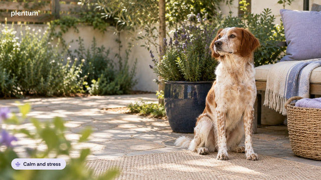 Spotted rust-and-white mixed-breed dog sitting upright on a sunlit patio beside a lavender planter