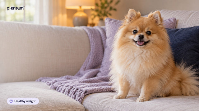 Pomeranian sitting calmly on a cream sofa beside a lavender throw and a navy cushion in warm lamp light