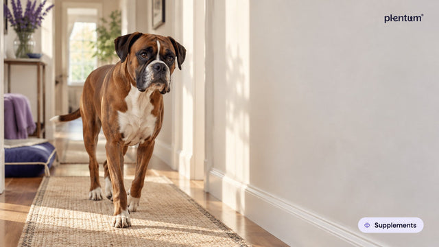 Boxer walking calmly along a sunlit hallway runner beside a cream wall in soft morning light