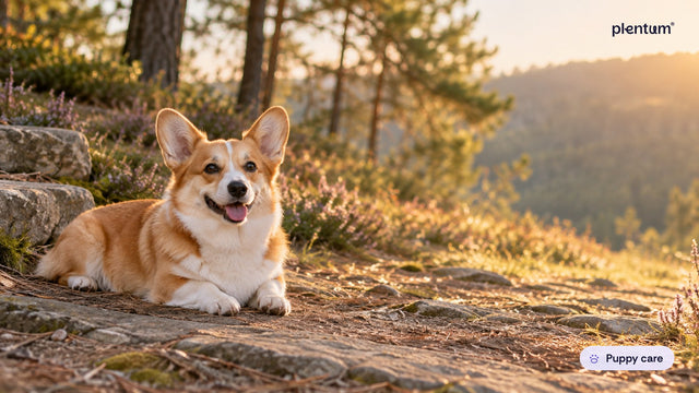 Pembroke corgi resting on a sunlit woodland trail, calm and alert among pine trees and heather at golden hour