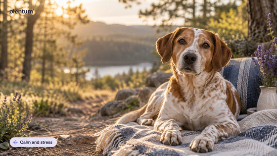 Spotted rust-and-white mixed-breed dog lying calm on a woodland trail at golden hour beside lavender