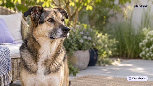 Mixed-breed shepherd looking toward the light on a shaded back-garden patio with plants