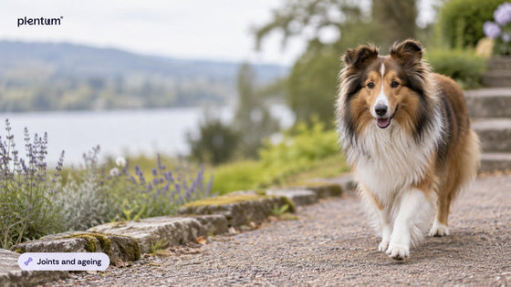 Shetland sheepdog walking calmly along a gravel garden path beside a lake view and lavender