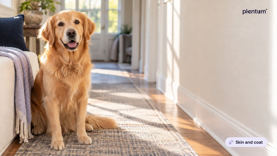 Golden retriever sitting calmly on a runner rug in a sunlit hallway beside a cream wall