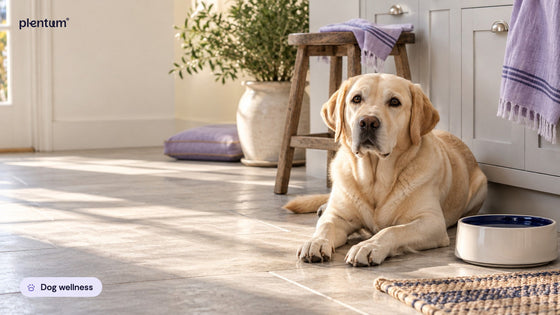 Labrador lying on a sunlit kitchen floor beside a ceramic water bowl and wooden stool