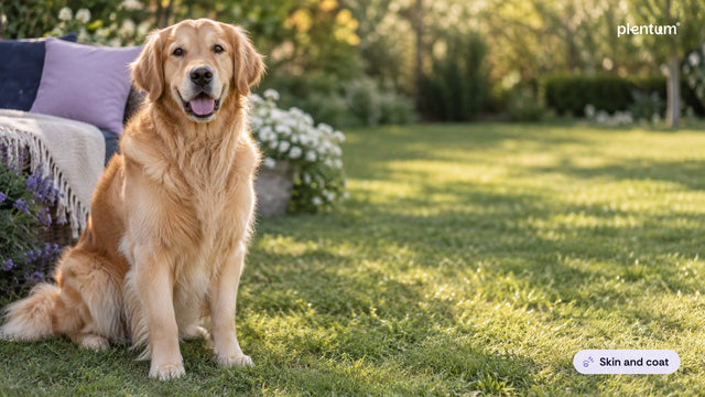Golden retriever sitting calmly on a sunny garden lawn beside a lavender bench and white flowers