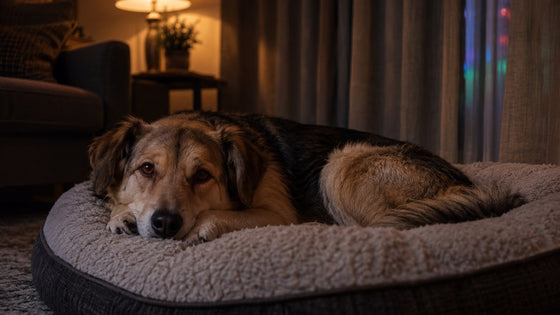 A mixed-breed dog rests its chin on its paws in a plush bed in a dim living room, with curtains drawn and faint colored light from outside.
