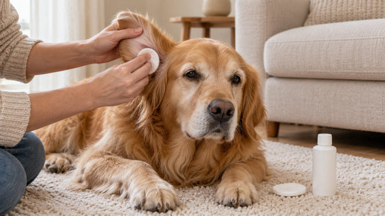 Owner gently wiping the outer ear of a golden retriever with a cotton pad at home
