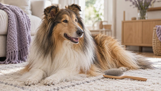 Collie lying on a cream rug beside a grooming brush.