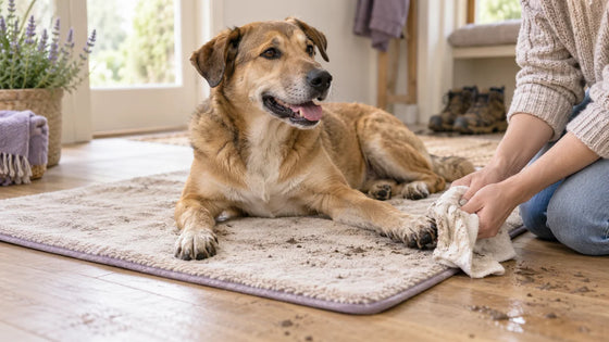 Owner wiping a tan dog’s front paw with a damp cream cloth after a walk.