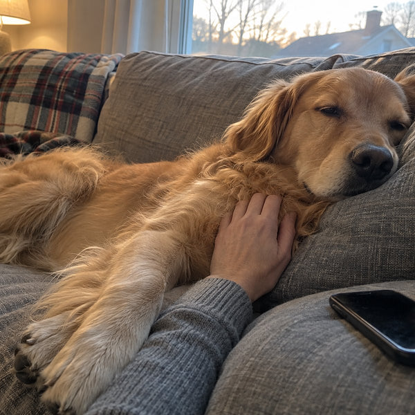A golden retriever sleeps on a gray sofa while an adult's hand rests on its chest