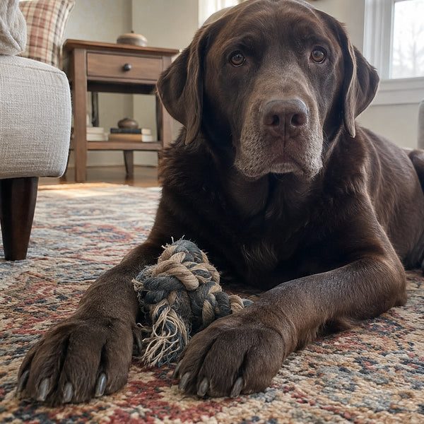 A brown Labrador lies on a patterned rug with a braided rope chew toy between its front paws