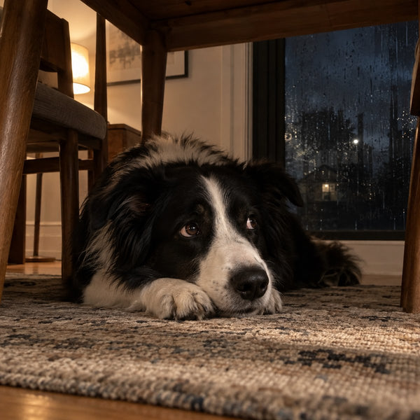 A border collie lies under a dining table while rain runs down the window