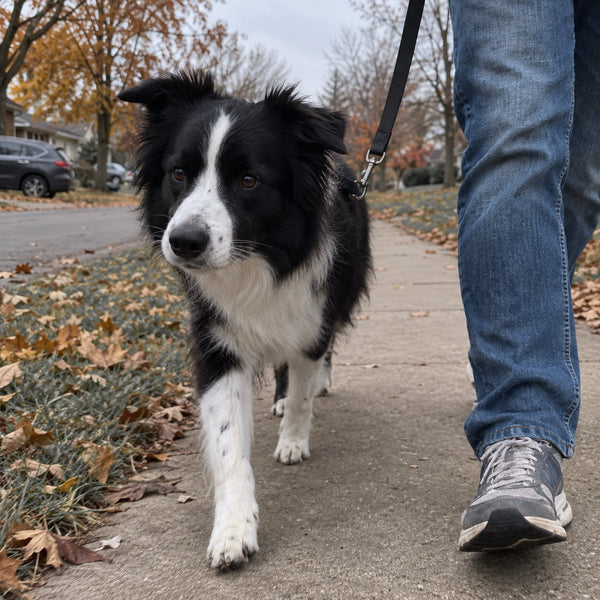A border collie on a leash walks along a sidewalk beside its owner's legs