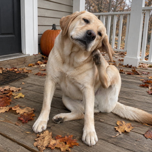 A yellow Labrador sits on a front porch beside a pumpkin and scratches behind its ear with a hind paw