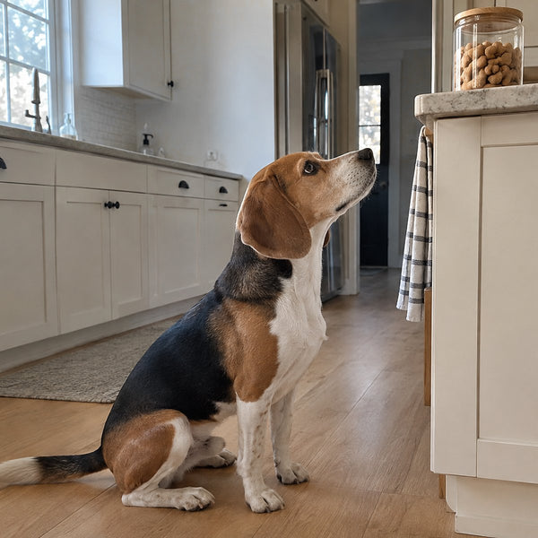 A beagle sits in a kitchen and looks up at a glass jar of dog treats on the counter