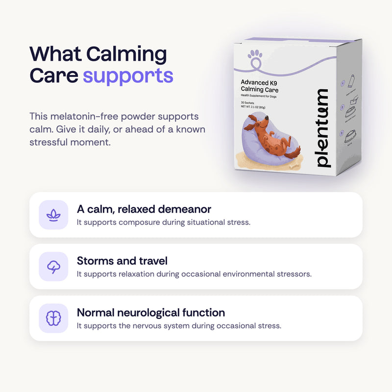What Calming Care supports: a calm, relaxed demeanor, storms and travel, and normal neurological function