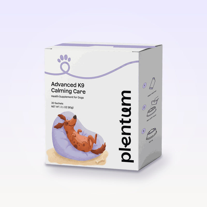 Plentum Advanced K9 Calming Care dog supplement box, 30 sachets, with the lavender bean bag dog illustration