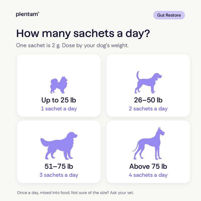 Gut Restore sachets a day by weight: 1 up to 25 lb, 2 at 26 to 50 lb, 3 at 51 to 75 lb, and 4 above 75 lb