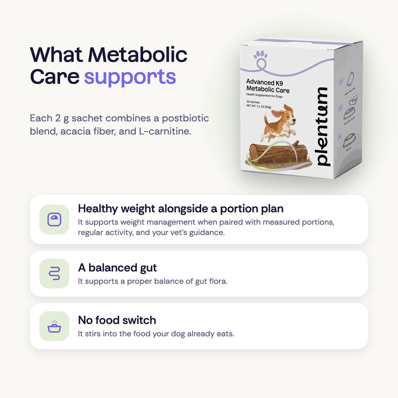 What Metabolic Care supports: healthy weight alongside a portion plan, normal bowel function, and no food switch