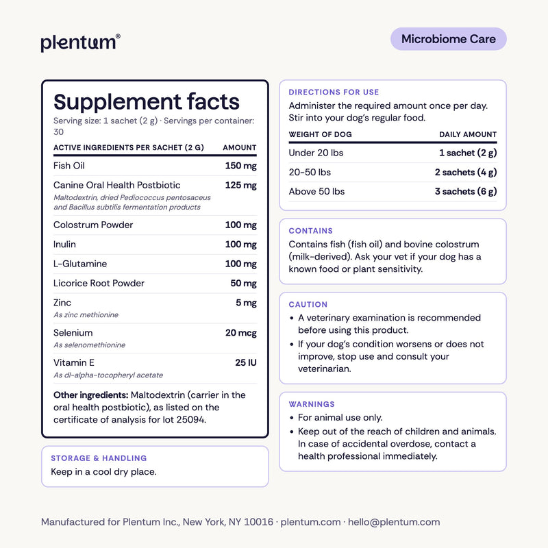 Advanced K9 Microbiome Care supplement facts label