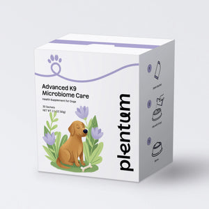 Plentum Advanced K9 Microbiome Care box of 30 sachets, three-quarter view showing the front and the three-step directions panel