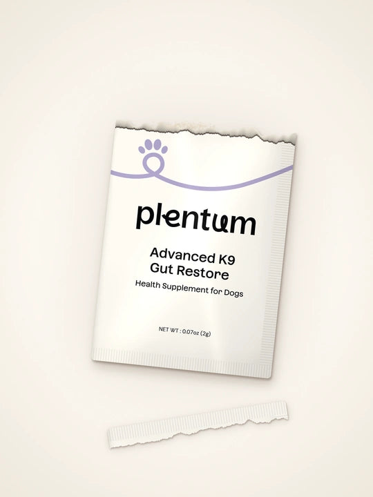 A Plentum Gut Restore sachet with its top strip torn off, the strip lying beside it