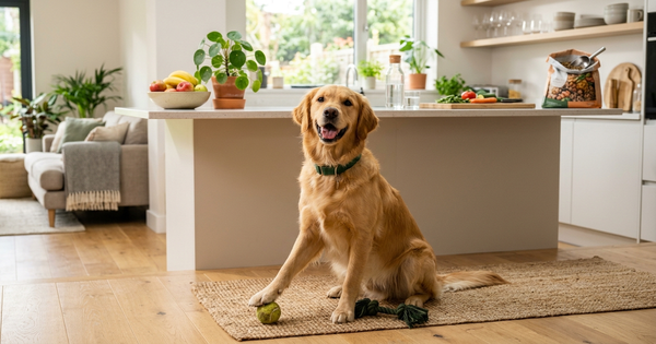 Healthy happy dog in a bright modern wellness lifestyle setting