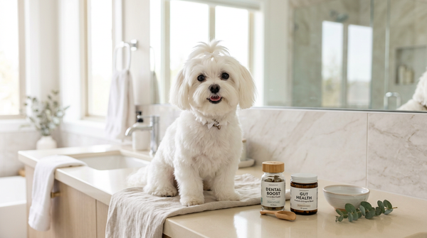 Maltese with dental and gut supplements on vanity
