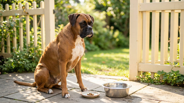 Boxer in backyard with digestive supplement