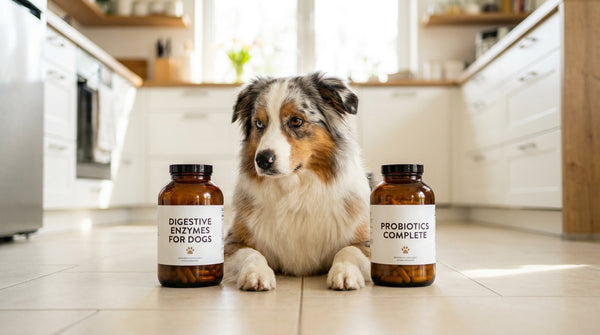 Australian shepherd between enzyme and probiotic containers