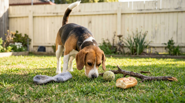 Beagle sniffing ground surrounded by scavenged items