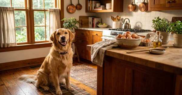 Golden retriever in a warm kitchen with eggs on the counter