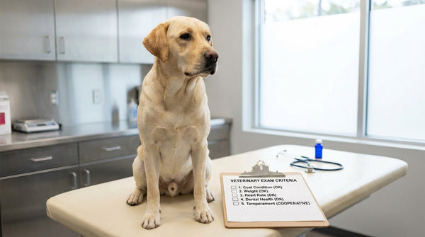Yellow Labrador in vet room with criteria checklist