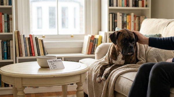 Boxer looking unwell with health checklist