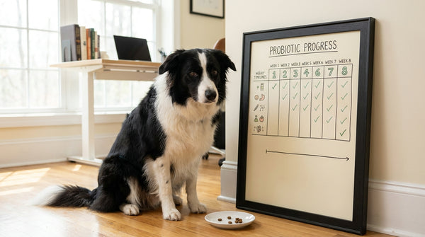 Border collie beside probiotic timeline chart