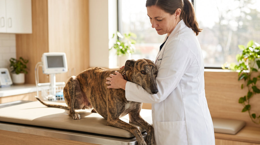 Veterinarian examining a brindle dog while discussing probiotic selection